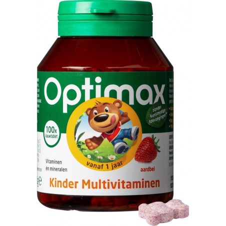 Optimax Kinder Multivitaminen Vanaf 1 Jaar - Aardbei - 100 Kauwbeertjes