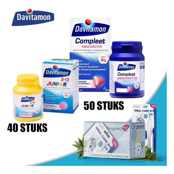 Davitamon Compleet Kauw Vitamines 50 Stuks en Kids 3+ Kauw Vitamines 40 Stuks + Oramint Oral Care Kit