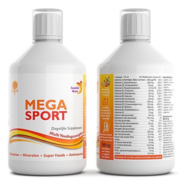 Swedish Nutra Mega Sport - Vloeibare Multivitamine - Mineralen - Collageen - Voedingssupplement als drank