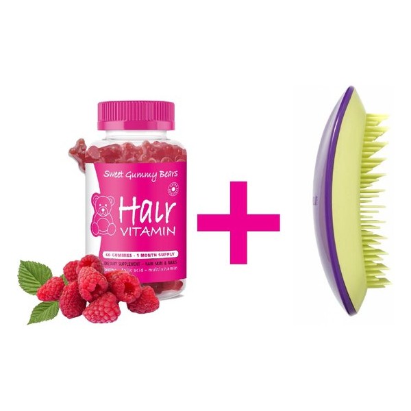 Sweet Gummy Bears Haarvitamines (60 Stuks) + GRATIS Tangle Mouse Ontwarborstel Purple Lime Combi