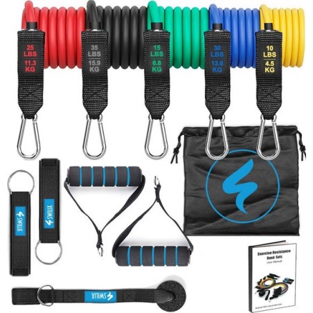 SWILIX ® -  Resistance Band Set - Fitness Elastiek - Weerstandsbanden - Handvaten - Enkelbanden - Draagtas - 11 Stuks