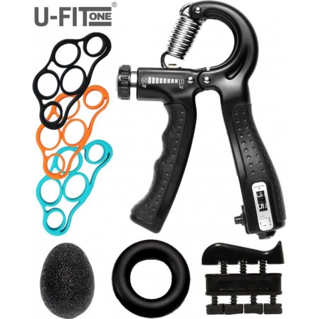 U-Fit One® 7 Delige Handtrainer Set - Fitness Teller Verstelbaar Handknijper - Stressbal - knijphalter- Onderarm Trainer