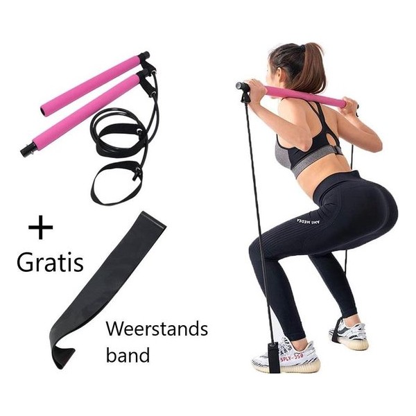 Pilates Stick - Draagbaar - Fitness Yoga hulpmiddel - incl. Gratis Weerstandsbanden - Roze