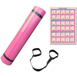 Yogamat Roze -173 x 61 x 0,4 cm - Incl. Poster met Yogaoefeningen en Draagriem