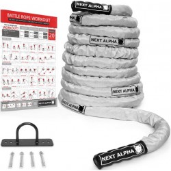 Next Alpha Battle Rope - 38mm x 12m - Beschermhoes - Muur Anker - Workout Instructie Poster - Wit