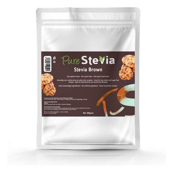 Stevia Bruine suiker 500g - PureStevia - 2 x zoeter dan bruine suiker - niet bitter en heerlijke van smaak!